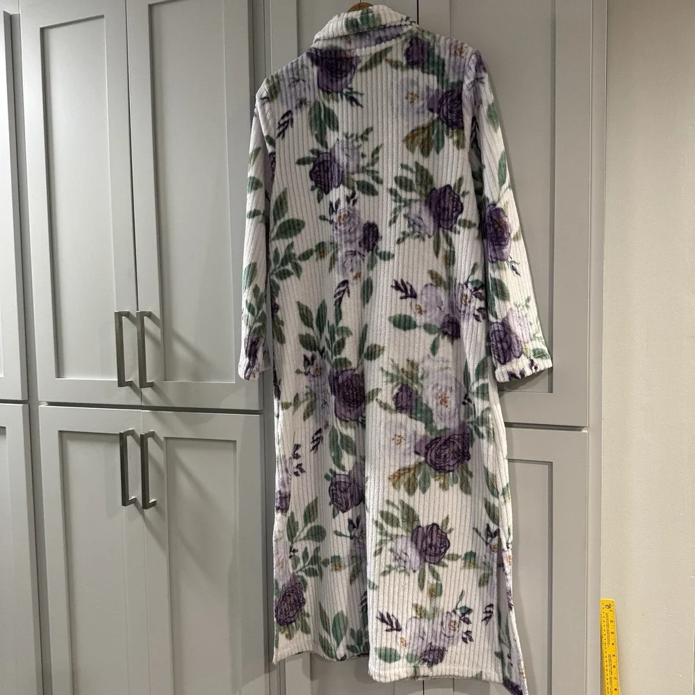 Stan Herman Plush Purple Floral Full Zip Robe House Dress XS Tradwife Loungewear